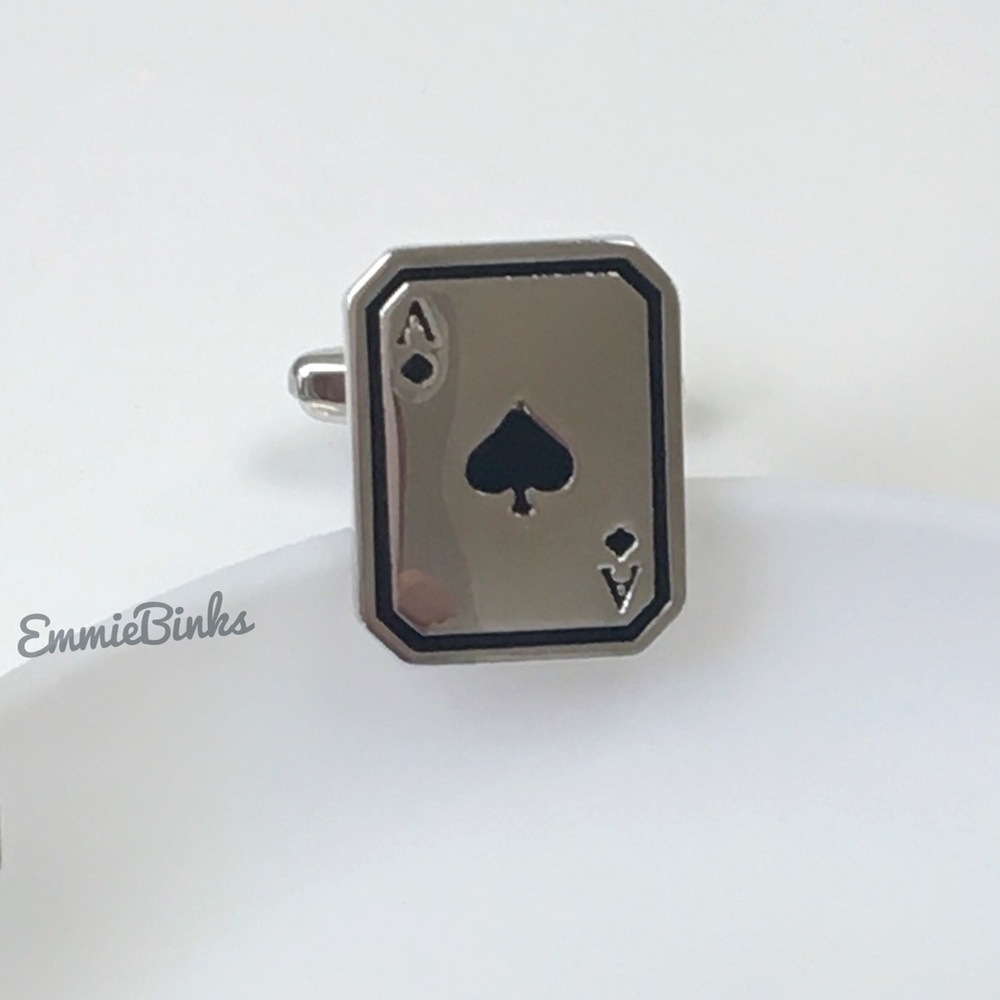 New Ace of Spades Silver Playing Card Cufflinks ~ Groom / Best Man / Formal - Picture 6 of 7